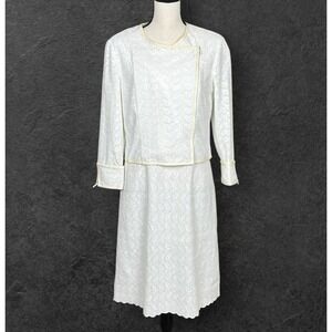 Magaschoni Eyelet Lace Leather Trim Dress Jacket Set Size 12 Easter Quiet Luxury